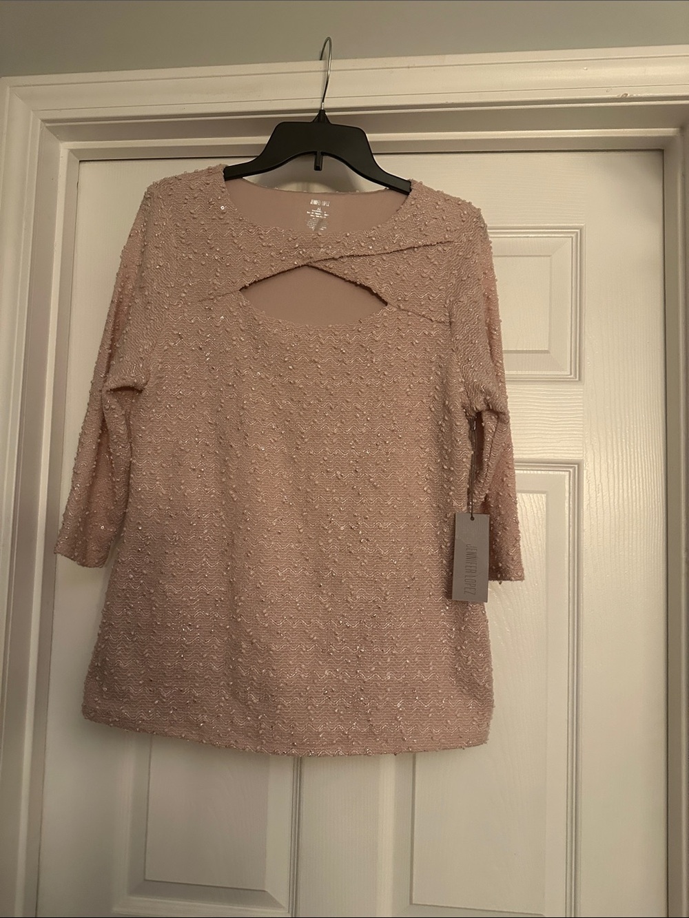 Jennifer Lopez Blush Pink Beaded Knit Keyhole Top